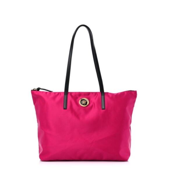 VERSACE Nylon Medusa Leather Straps Pink Dahlia Tote Shoulder Bag NWT $1,290 - Picture 1 of 8